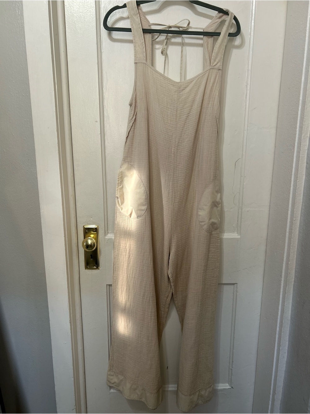 Zenana Outfitters Beige Wide-Leg Tie-Strap Jumpsuit